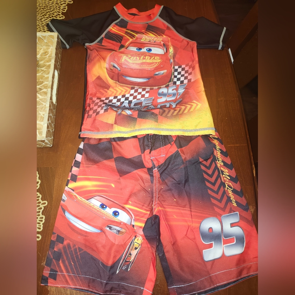 Disney Pixar Cars Lightning McQueen Rash Guard and Swim Trunks Outfit Set Toddle